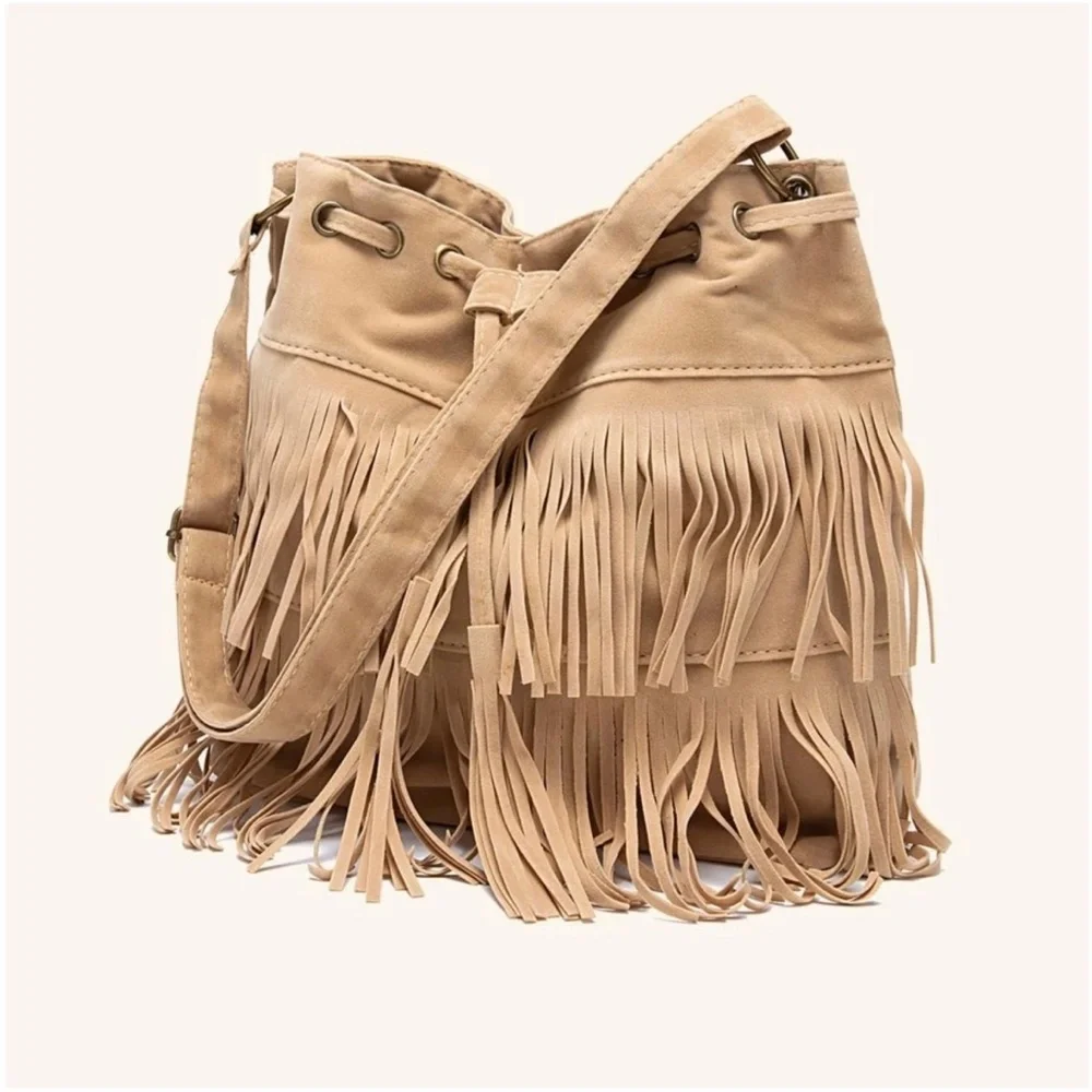 Bohemian Fringe Drawstring Crossbody Tote Bag - Picture 7 of 9